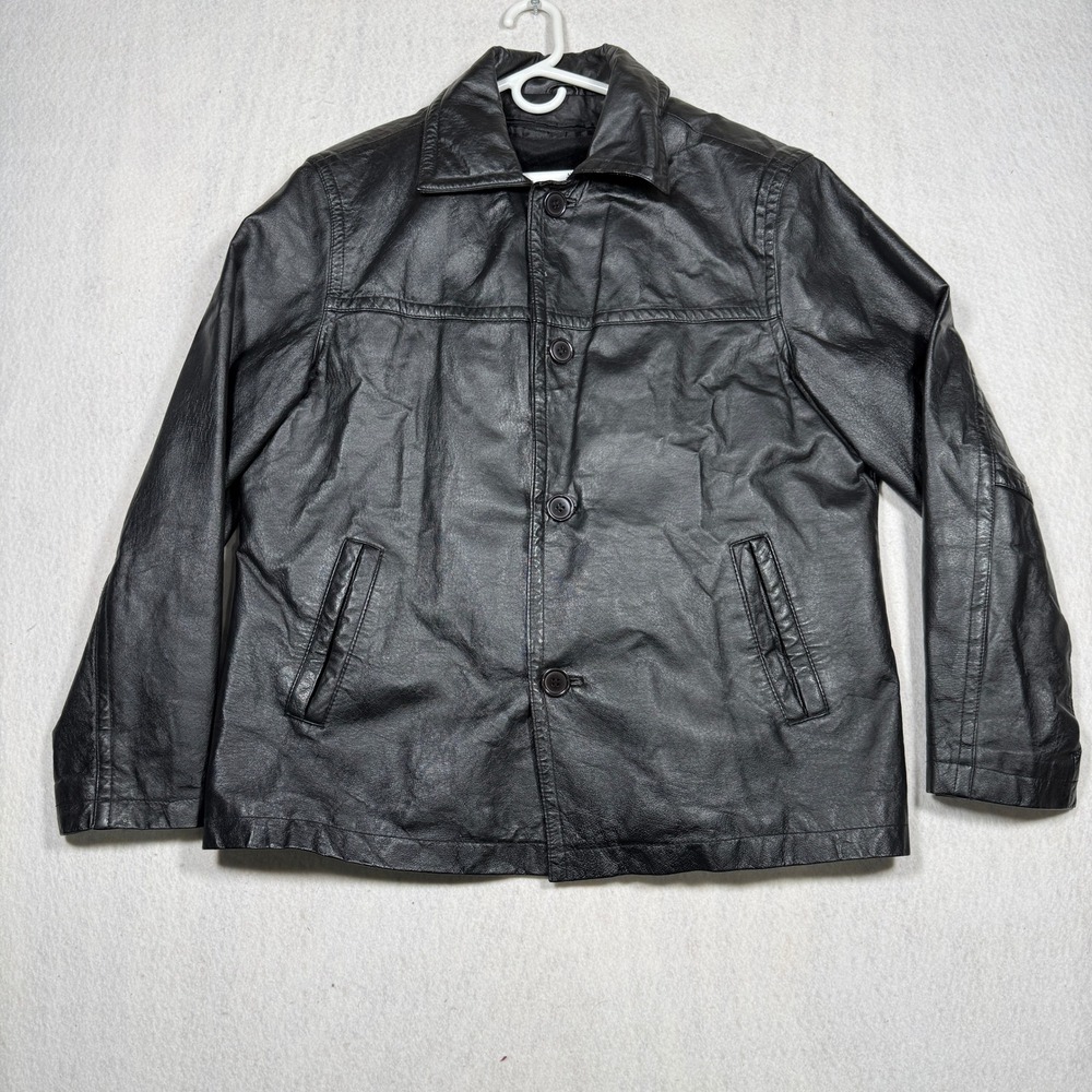 Carlo Bertini Mens Black Genuine Leather Car Coat Jacket Size L 4-Button Front